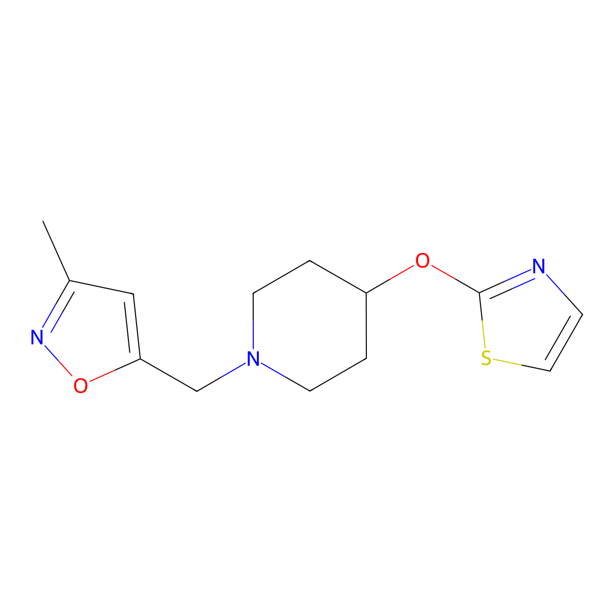 1-[(3-Methyl-1,2-oxazol-5-yl)methyl]-4-(1,3-thiazol-2-yloxy)piperidine molecular structure, CAS 2741897-16-3
