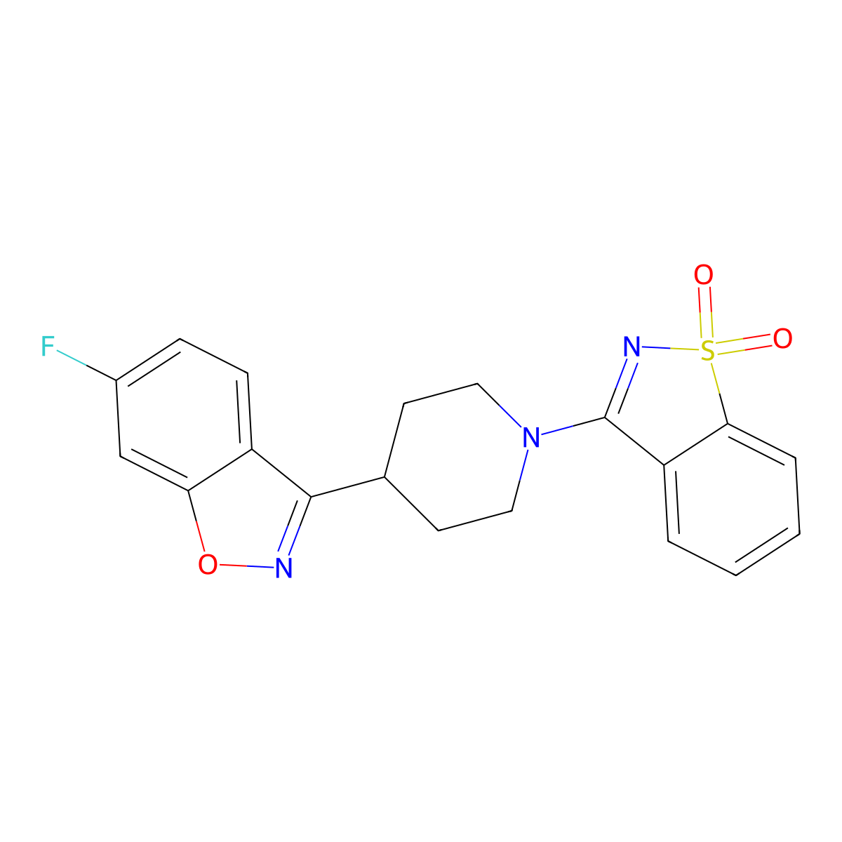 3-[4-(6-Fluoro-1,2-benzoxazol-3-yl)piperidin-1-yl]-1,2-benzothiazole 1,1-dioxide molecular structure, CAS 2741897-19-6