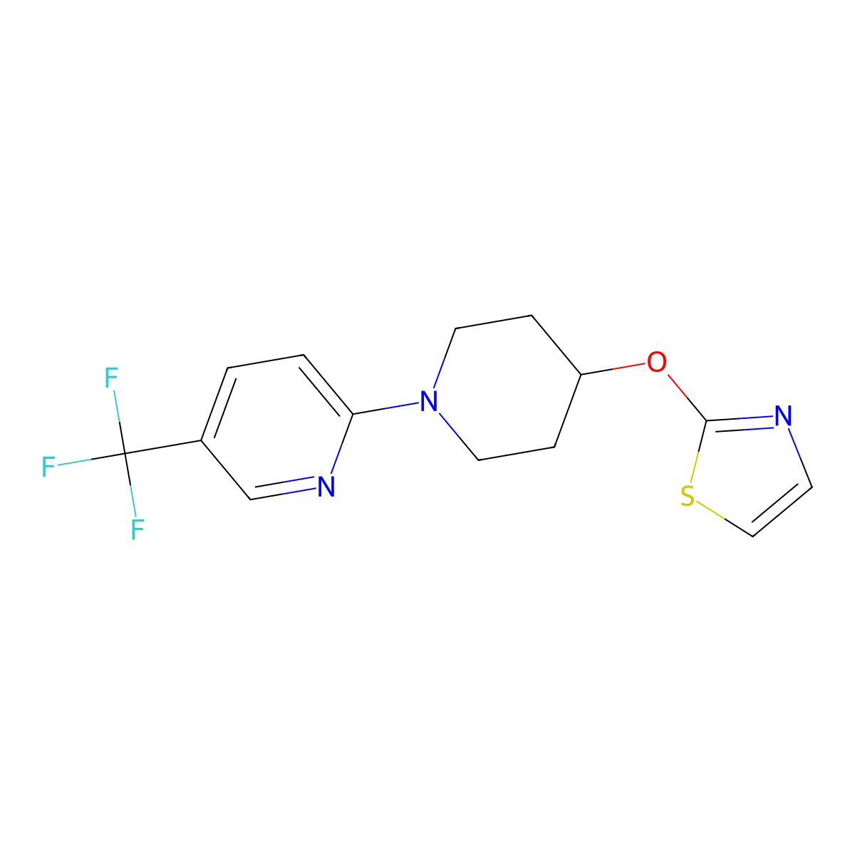 2-[4-(1,3-Thiazol-2-yloxy)piperidin-1-yl]-5-(trifluoromethyl)pyridine molecular structure, CAS 2741897-20-9