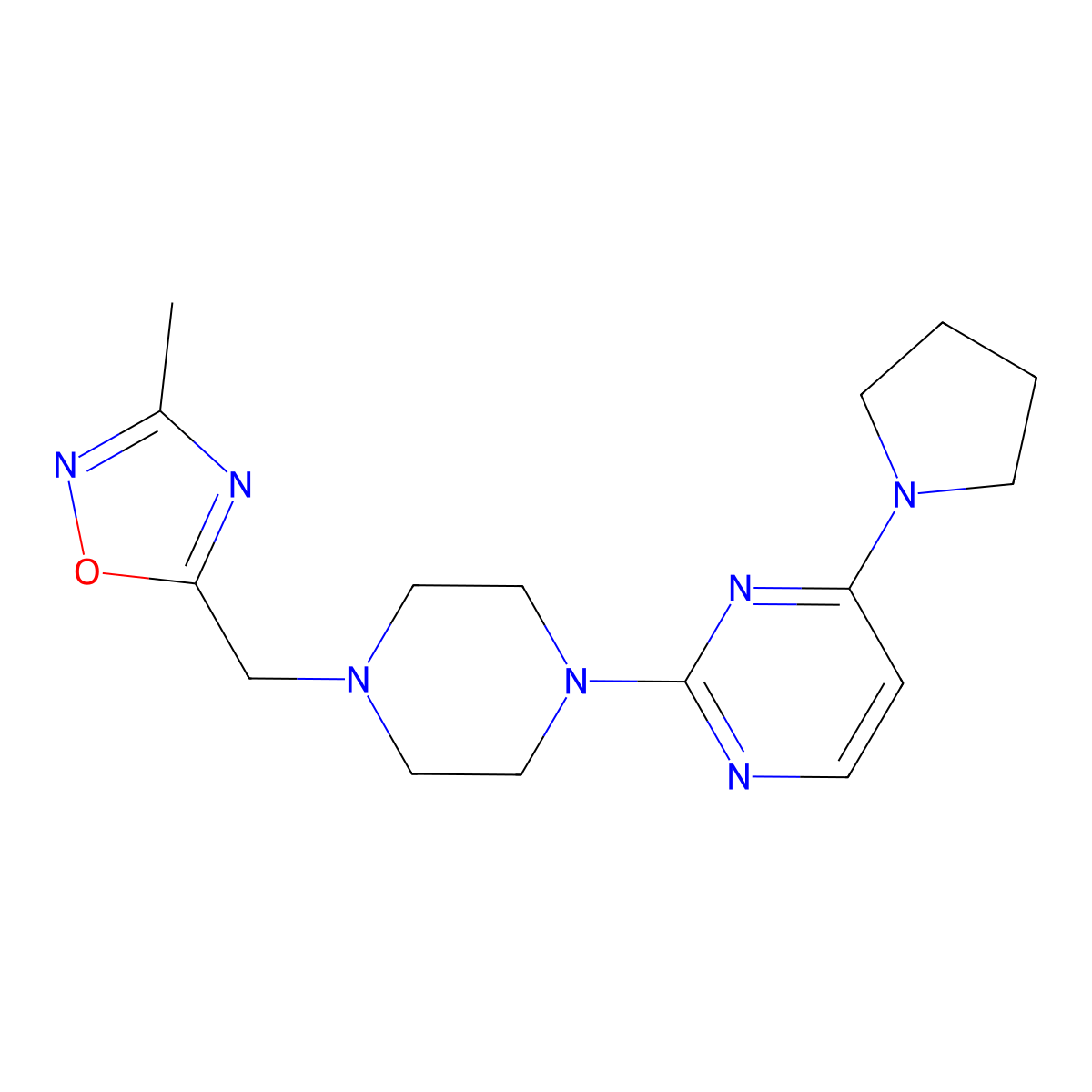 2-{4-[(3-Methyl-1,2,4-oxadiazol-5-yl)methyl]piperazin-1-yl}-4-(pyrrolidin-1-yl)pyrimidine molecular structure, CAS 2741897-35-6