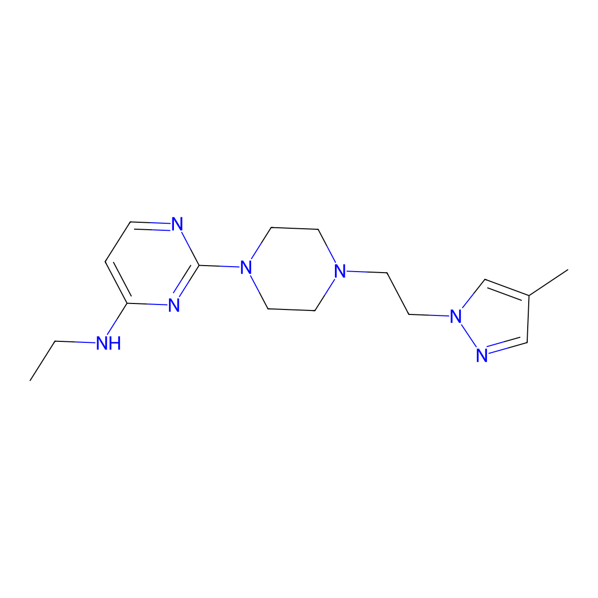 N-ethyl-2-{4-[2-(4-methyl-1H-pyrazol-1-yl)ethyl]piperazin-1-yl}pyrimidin-4-amine molecular structure, CAS 2741897-50-5