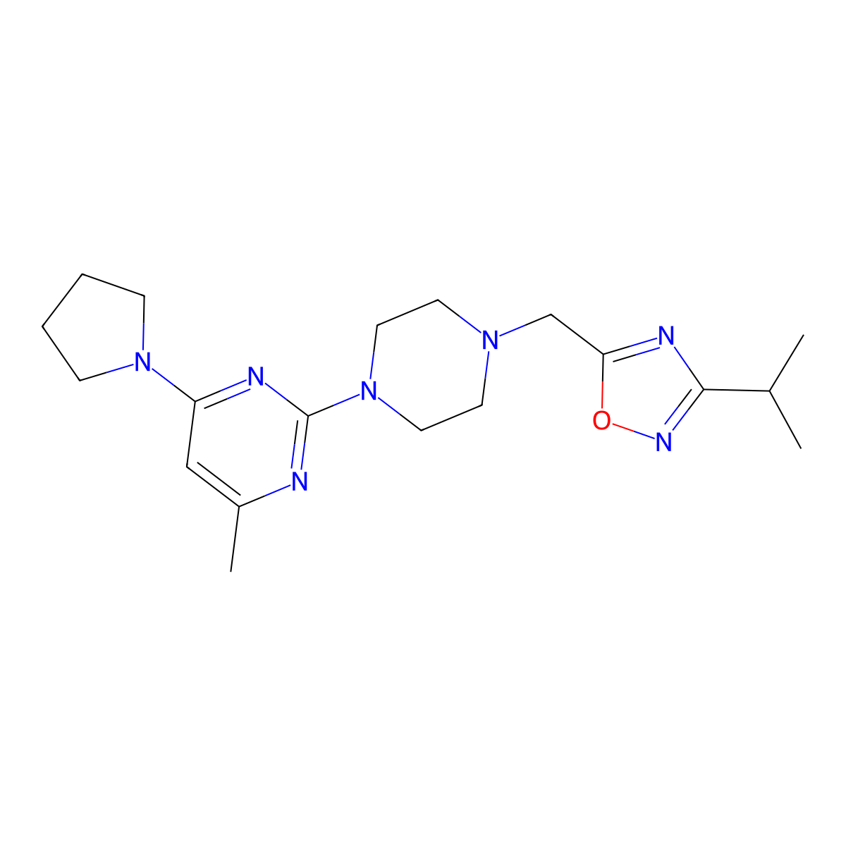 4-Methyl-2-(4-{[3-(propan-2-yl)-1,2,4-oxadiazol-5-yl]methyl}piperazin-1-yl)-6-(pyrrolidin-1-yl)pyrimidine molecular structure, CAS 2741897-53-8