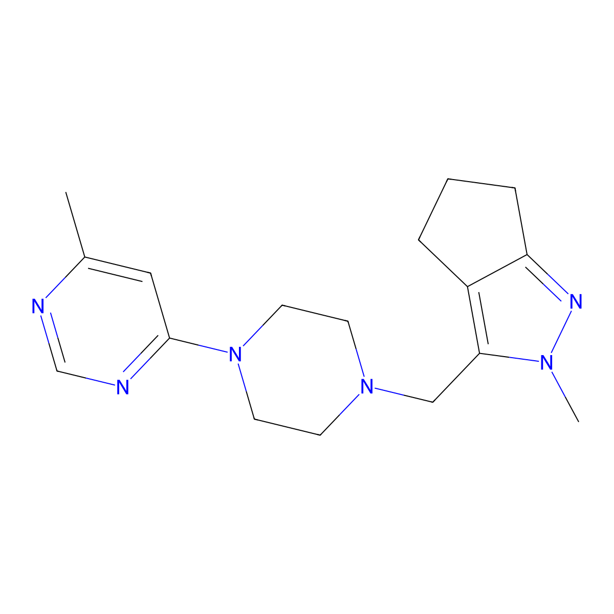 4-methyl-6-[4-({2-methyl-2H,4H,5H,6H-cyclopenta[c]pyrazol-3-yl}methyl)piperazin-1-yl]pyrimidine molecular structure, CAS 2741897-57-2