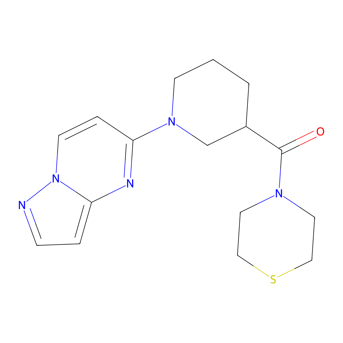 4-(1-{Pyrazolo[1,5-a]pyrimidin-5-yl}piperidine-3-carbonyl)thiomorpholine molecular structure, CAS 2741897-60-7