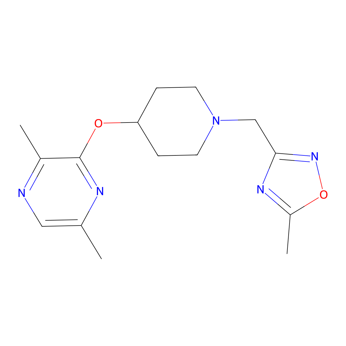 2,5-Dimethyl-3-({1-[(5-methyl-1,2,4-oxadiazol-3-yl)methyl]piperidin-4-yl}oxy)pyrazine molecular structure, CAS 2741897-66-3