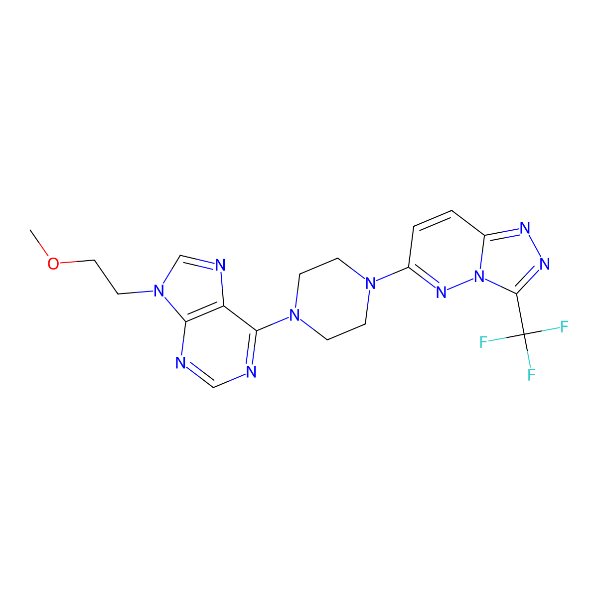 9-(2-methoxyethyl)-6-{4-[3-(trifluoromethyl)-[1,2,4]triazolo[4,3-b]pyridazin-6-yl]piperazin-1-yl}-9H-purine molecular structure, CAS 2741897-69-6