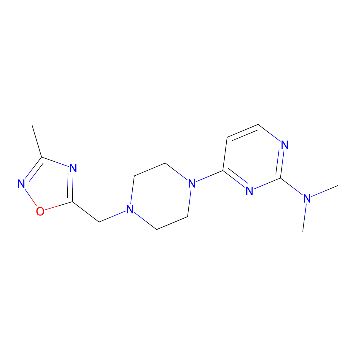 N,N-dimethyl-4-{4-[(3-methyl-1,2,4-oxadiazol-5-yl)methyl]piperazin-1-yl}pyrimidin-2-amine molecular structure, CAS 2741897-72-1