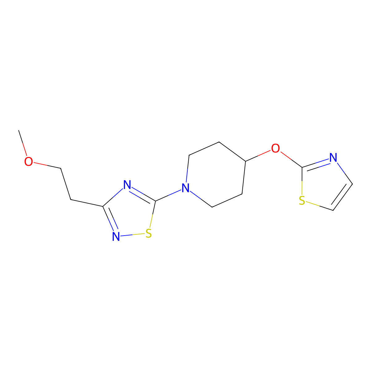 1-[3-(2-Methoxyethyl)-1,2,4-thiadiazol-5-yl]-4-(1,3-thiazol-2-yloxy)piperidine molecular structure, CAS 2741897-76-5