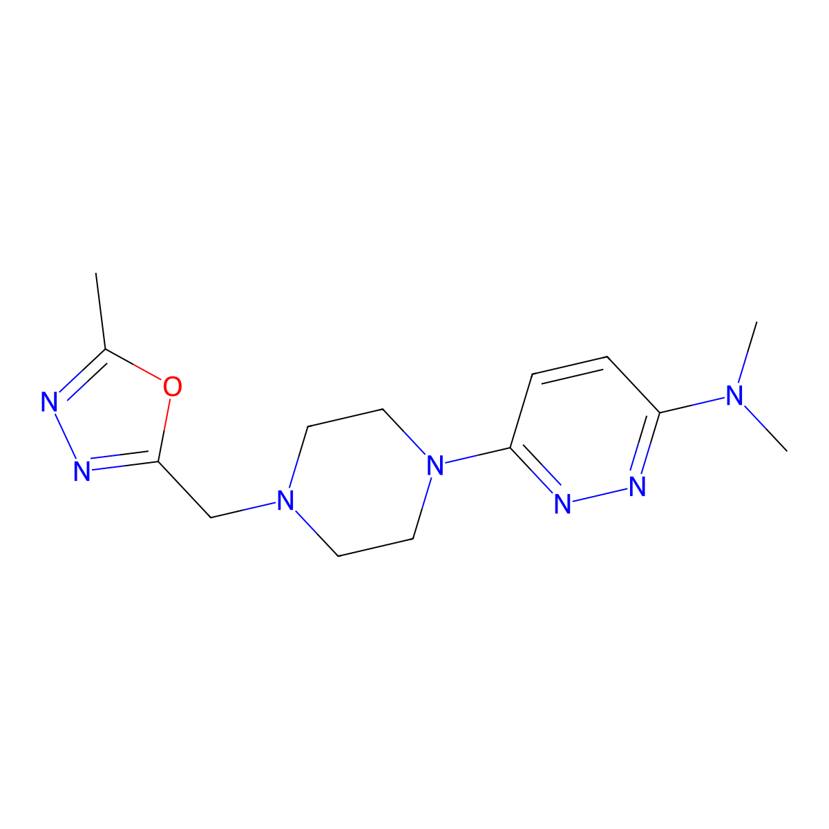 N,N-dimethyl-6-{4-[(5-methyl-1,3,4-oxadiazol-2-yl)methyl]piperazin-1-yl}pyridazin-3-amine molecular structure, CAS 2741897-78-7