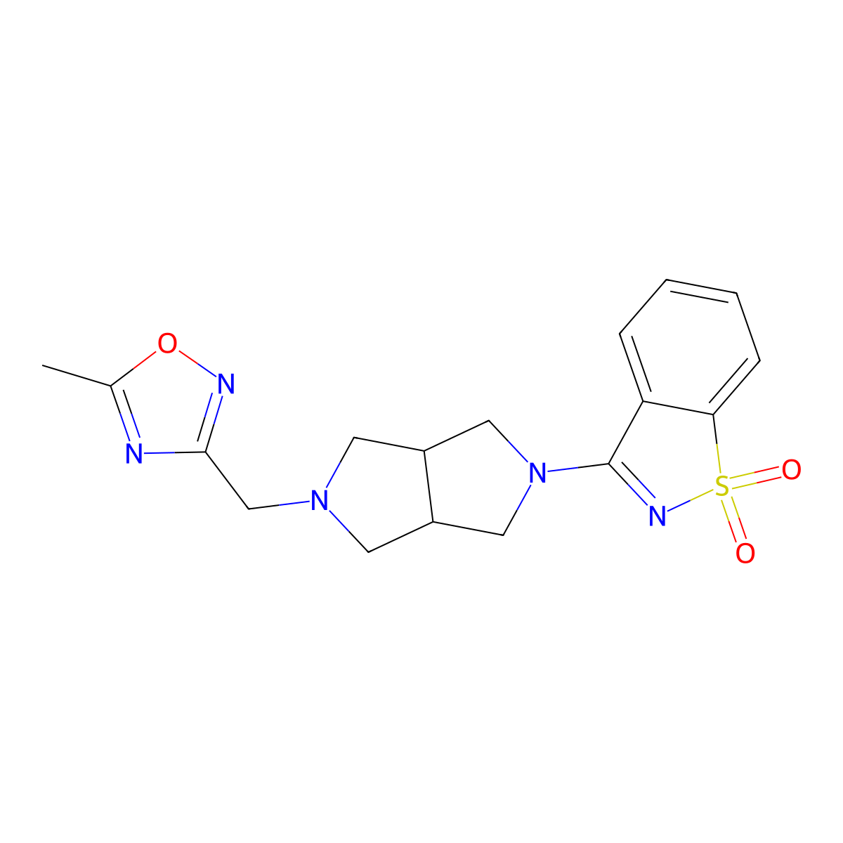 3-[2-[(5-Methyl-1,2,4-oxadiazol-3-yl)methyl]-1,3,3a,4,6,6a-hexahydropyrrolo[3,4-c]pyrrol-5-yl]-1,2-benzothiazole 1,1-dioxide molecular structure, CAS 2741899-86-3