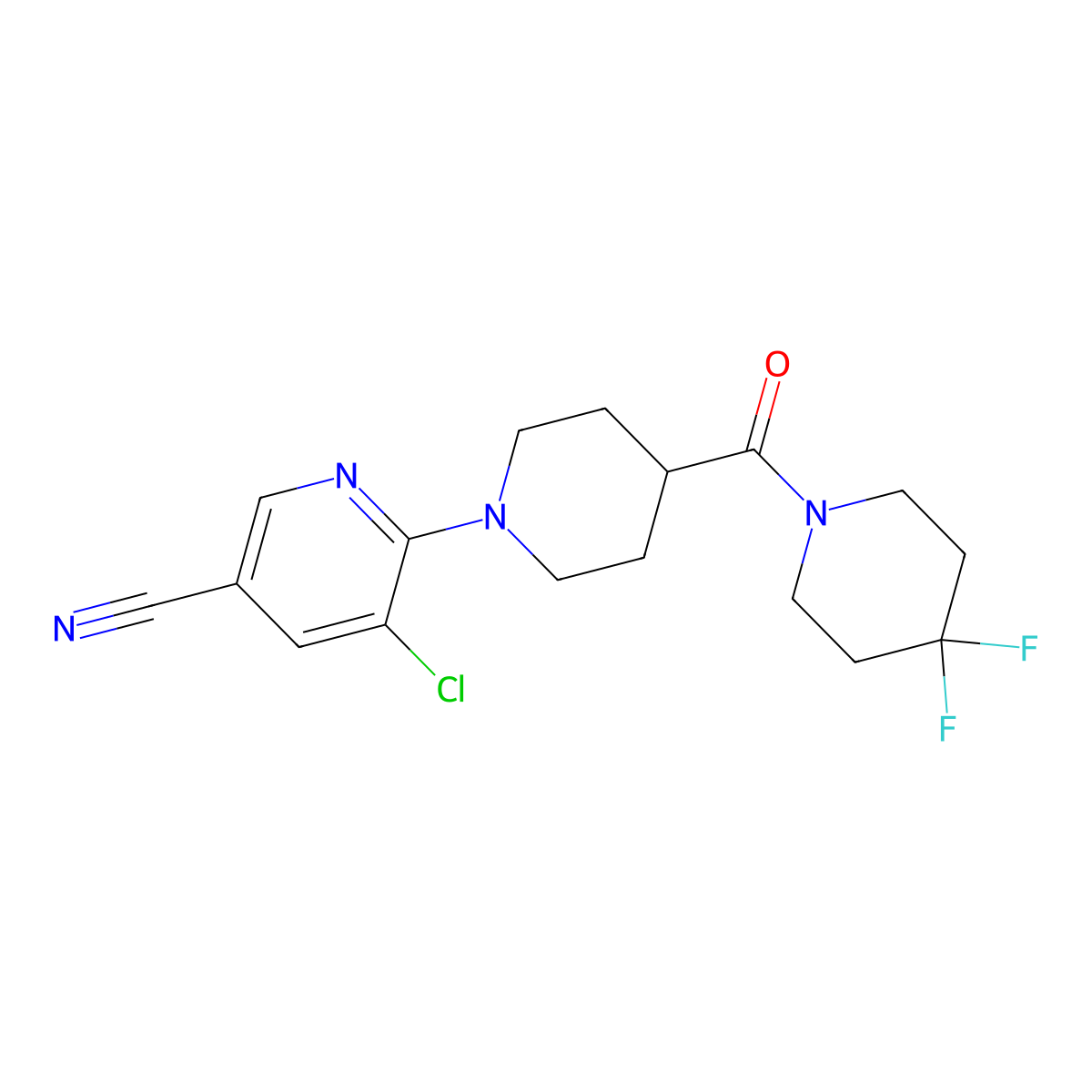 5-Chloro-6-[4-(4,4-difluoropiperidine-1-carbonyl)piperidin-1-yl]pyridine-3-carbonitrile molecular structure, CAS 2741900-07-0