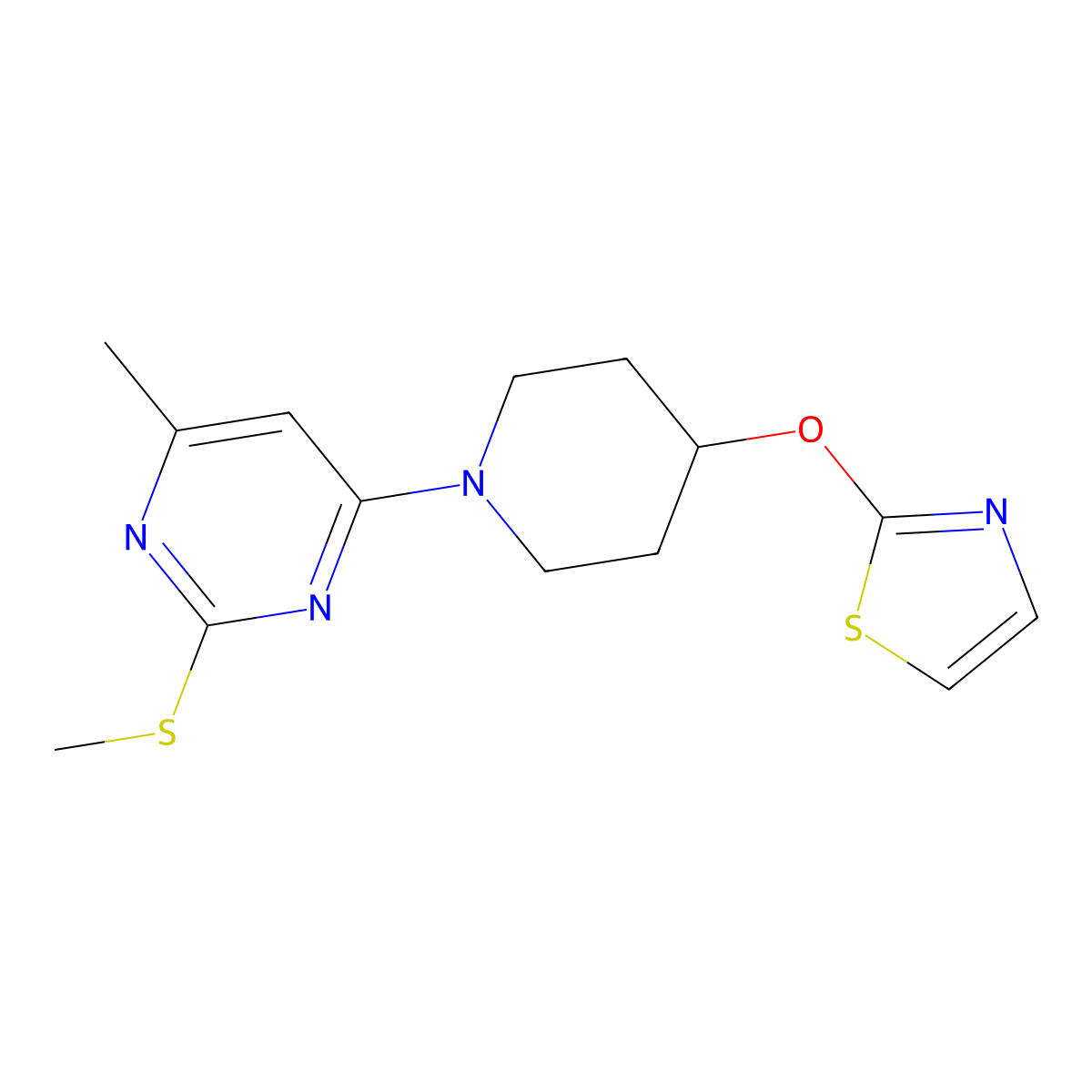 4-Methyl-2-(methylsulfanyl)-6-[4-(1,3-thiazol-2-yloxy)piperidin-1-yl]pyrimidine molecular structure, CAS 2741900-18-3