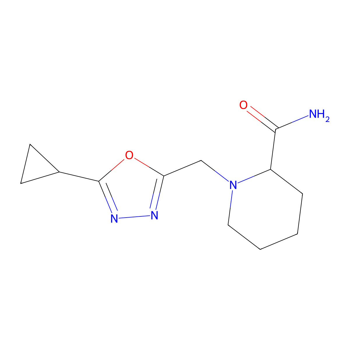 1-[(5-Cyclopropyl-1,3,4-oxadiazol-2-yl)methyl]piperidine-2-carboxamide molecular structure, CAS 2741900-23-0