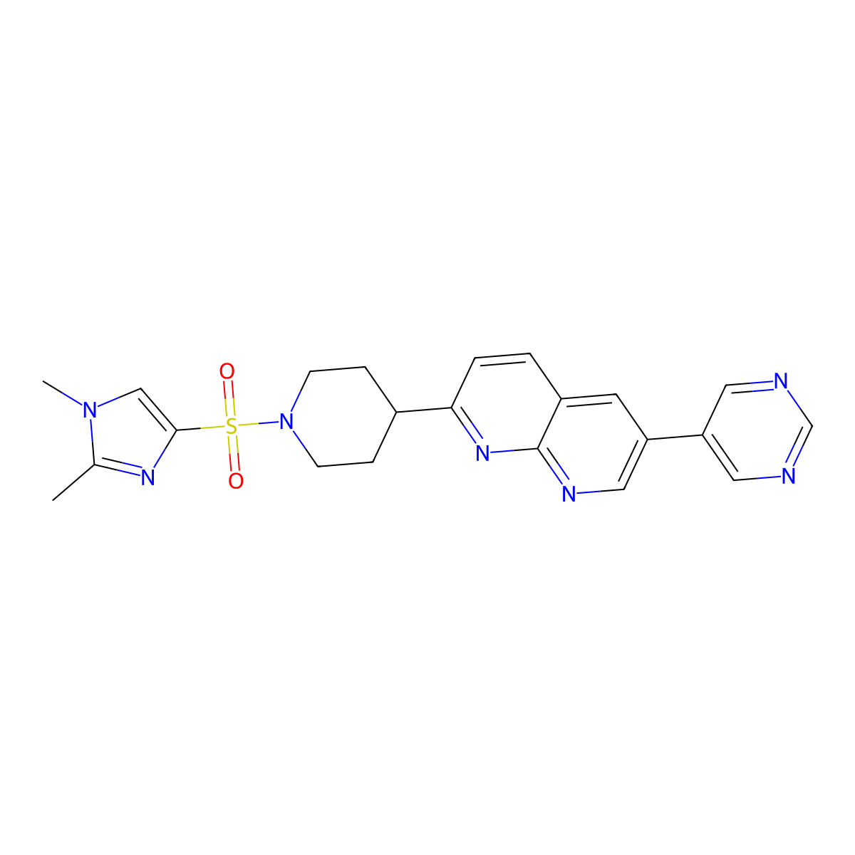 2-{1-[(1,2-dimethyl-1H-imidazol-4-yl)sulfonyl]piperidin-4-yl}-6-(pyrimidin-5-yl)-1,8-naphthyridine molecular structure, CAS 2741900-30-9