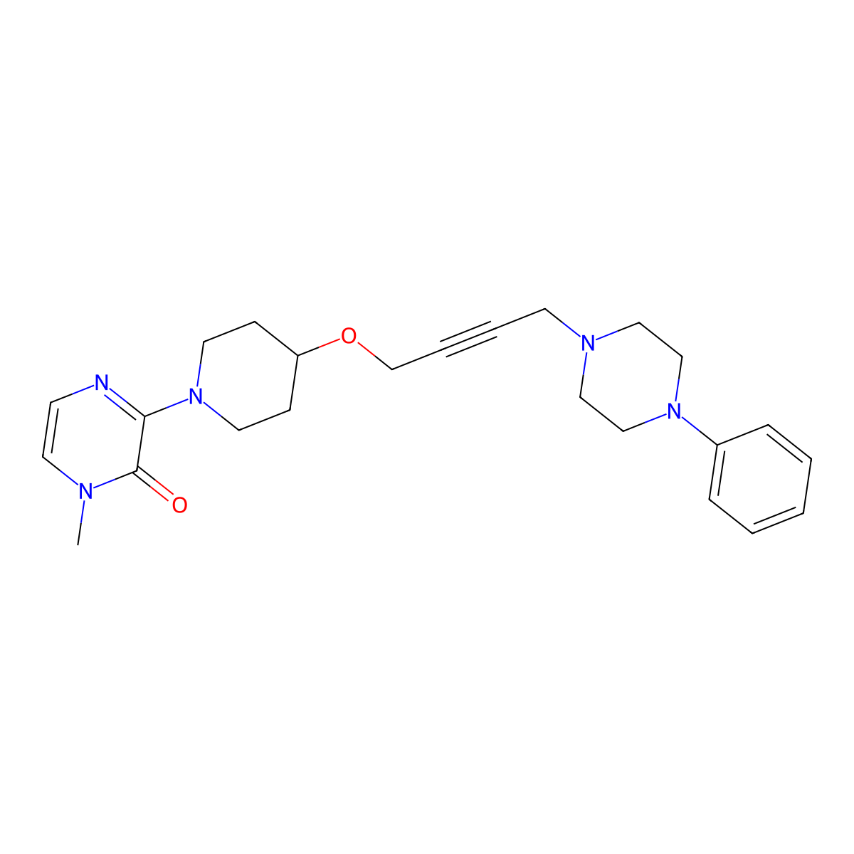 1-Methyl-3-(4-{[4-(4-phenylpiperazin-1-yl)but-2-yn-1-yl]oxy}piperidin-1-yl)-1,2-dihydropyrazin-2-one molecular structure, CAS 2741900-33-2