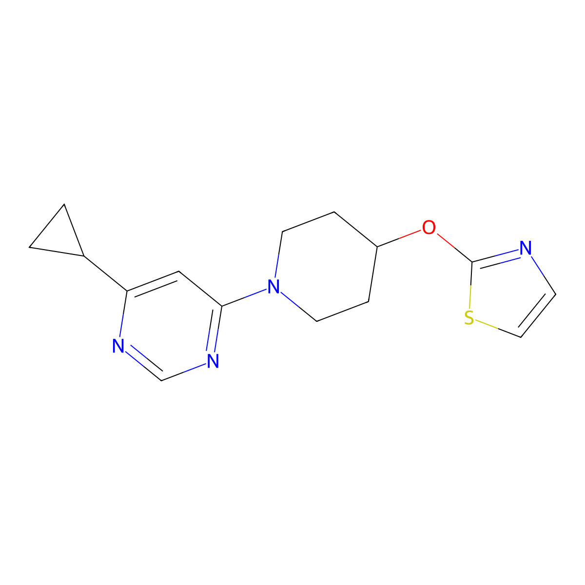 4-Cyclopropyl-6-[4-(1,3-thiazol-2-yloxy)piperidin-1-yl]pyrimidine molecular structure, CAS 2741900-50-3