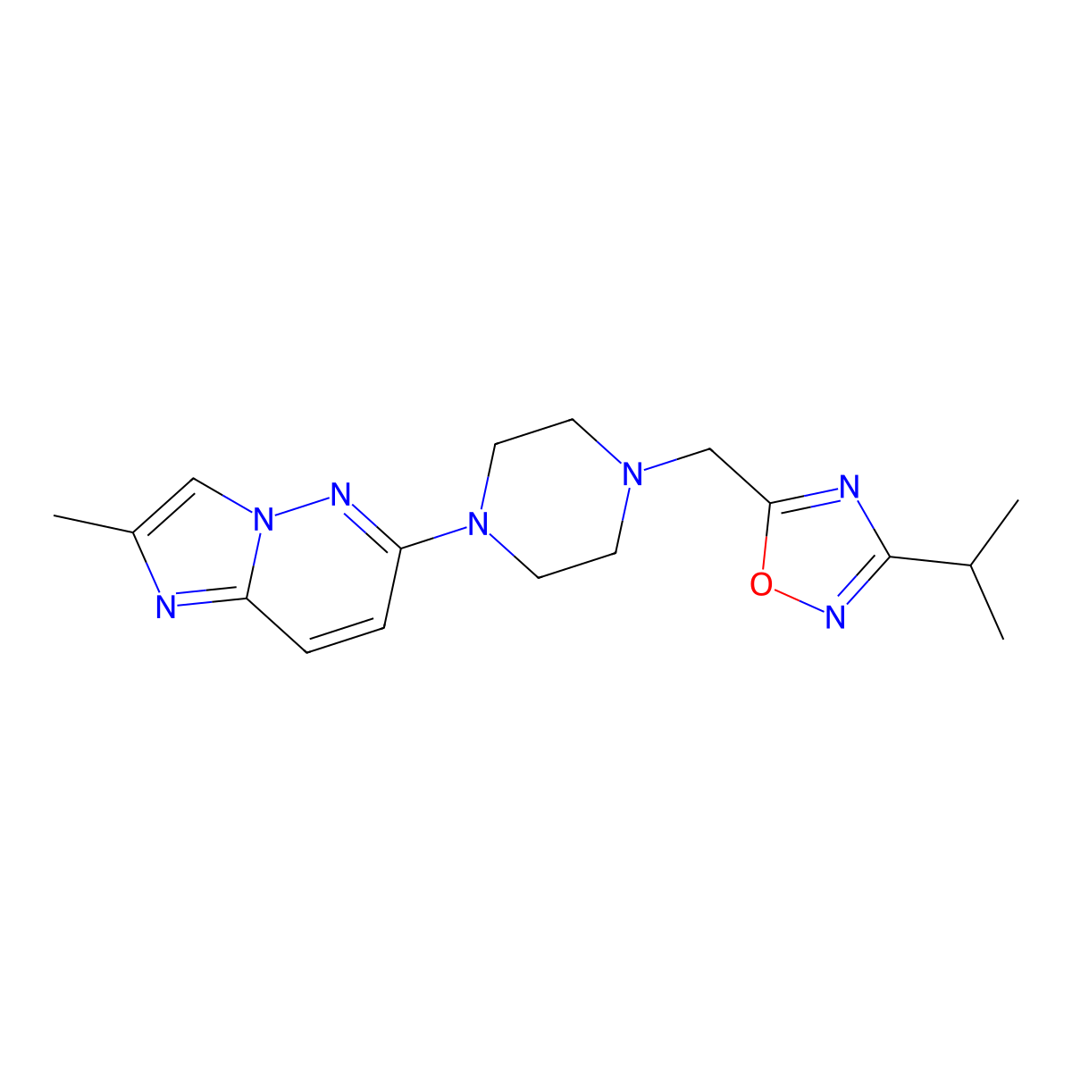 1-{2-Methylimidazo[1,2-b]pyridazin-6-yl}-4-{[3-(propan-2-yl)-1,2,4-oxadiazol-5-yl]methyl}piperazine molecular structure, CAS 2741900-53-6