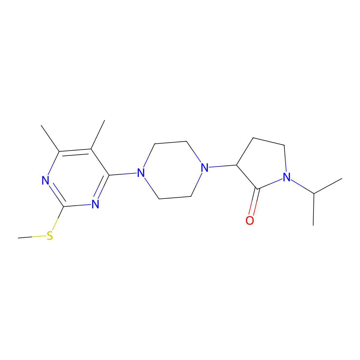 3-{4-[5,6-Dimethyl-2-(methylsulfanyl)pyrimidin-4-yl]piperazin-1-yl}-1-(propan-2-yl)pyrrolidin-2-one molecular structure, CAS 2741900-54-7