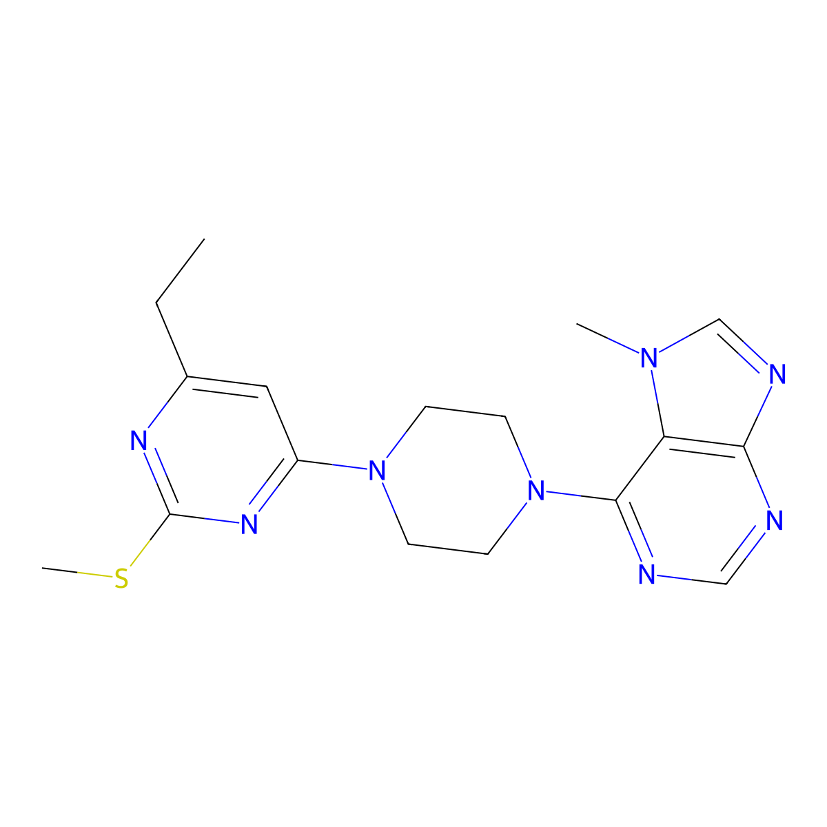 6-{4-[6-ethyl-2-(methylsulfanyl)pyrimidin-4-yl]piperazin-1-yl}-7-methyl-7H-purine molecular structure, CAS 2741900-57-0