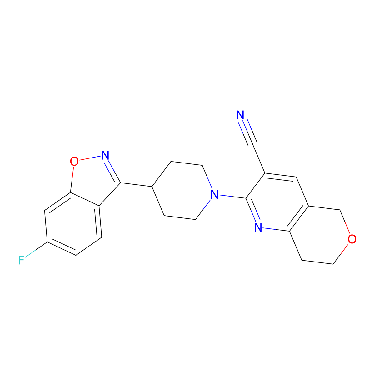 2-[4-(6-fluoro-1,2-benzoxazol-3-yl)piperidin-1-yl]-5H,7H,8H-pyrano[4,3-b]pyridine-3-carbonitrile molecular structure, CAS 2741900-68-3