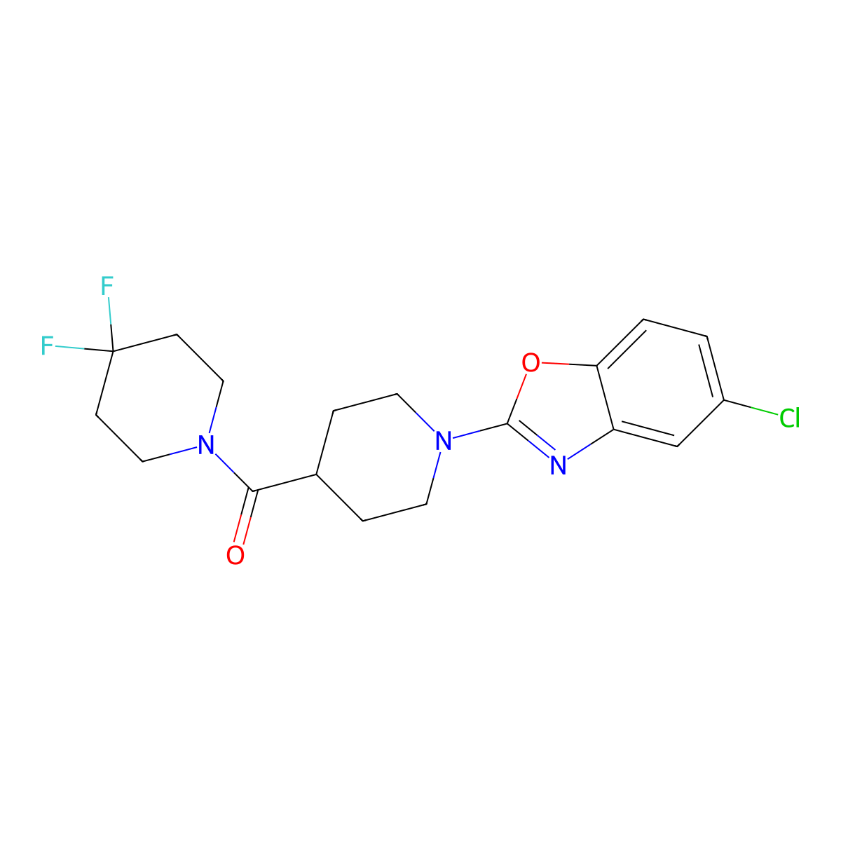 5-Chloro-2-[4-(4,4-difluoropiperidine-1-carbonyl)piperidin-1-yl]-1,3-benzoxazole molecular structure, CAS 2741900-76-3