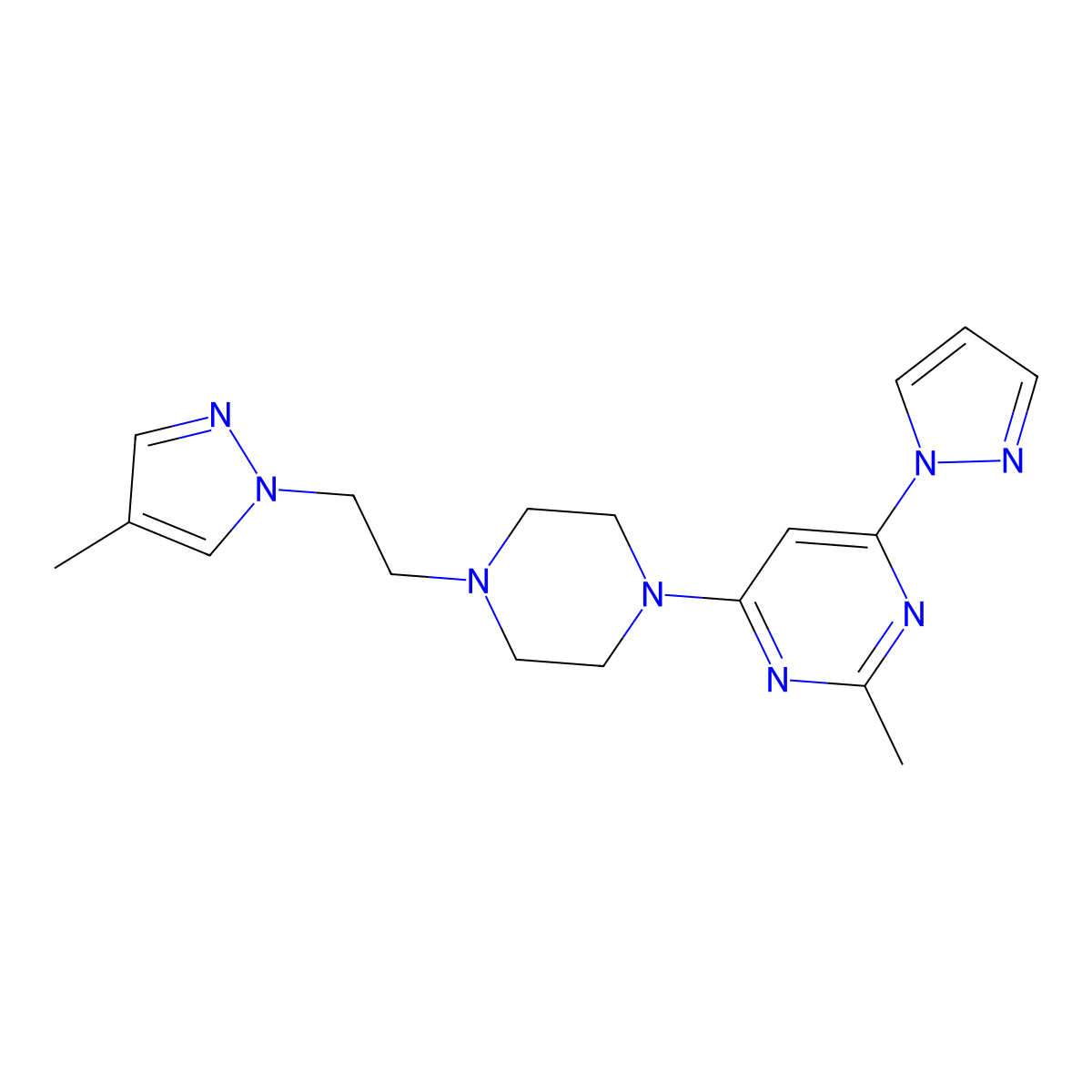 2-methyl-4-{4-[2-(4-methyl-1H-pyrazol-1-yl)ethyl]piperazin-1-yl}-6-(1H-pyrazol-1-yl)pyrimidine molecular structure, CAS 2741900-78-5
