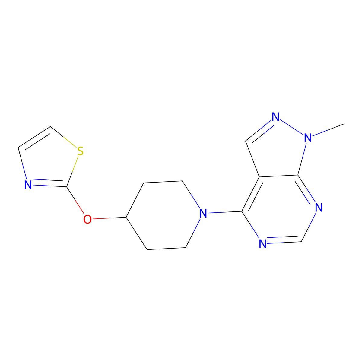 1-{1-methyl-1H-pyrazolo[3,4-d]pyrimidin-4-yl}-4-(1,3-thiazol-2-yloxy)piperidine molecular structure, CAS 2741900-94-5