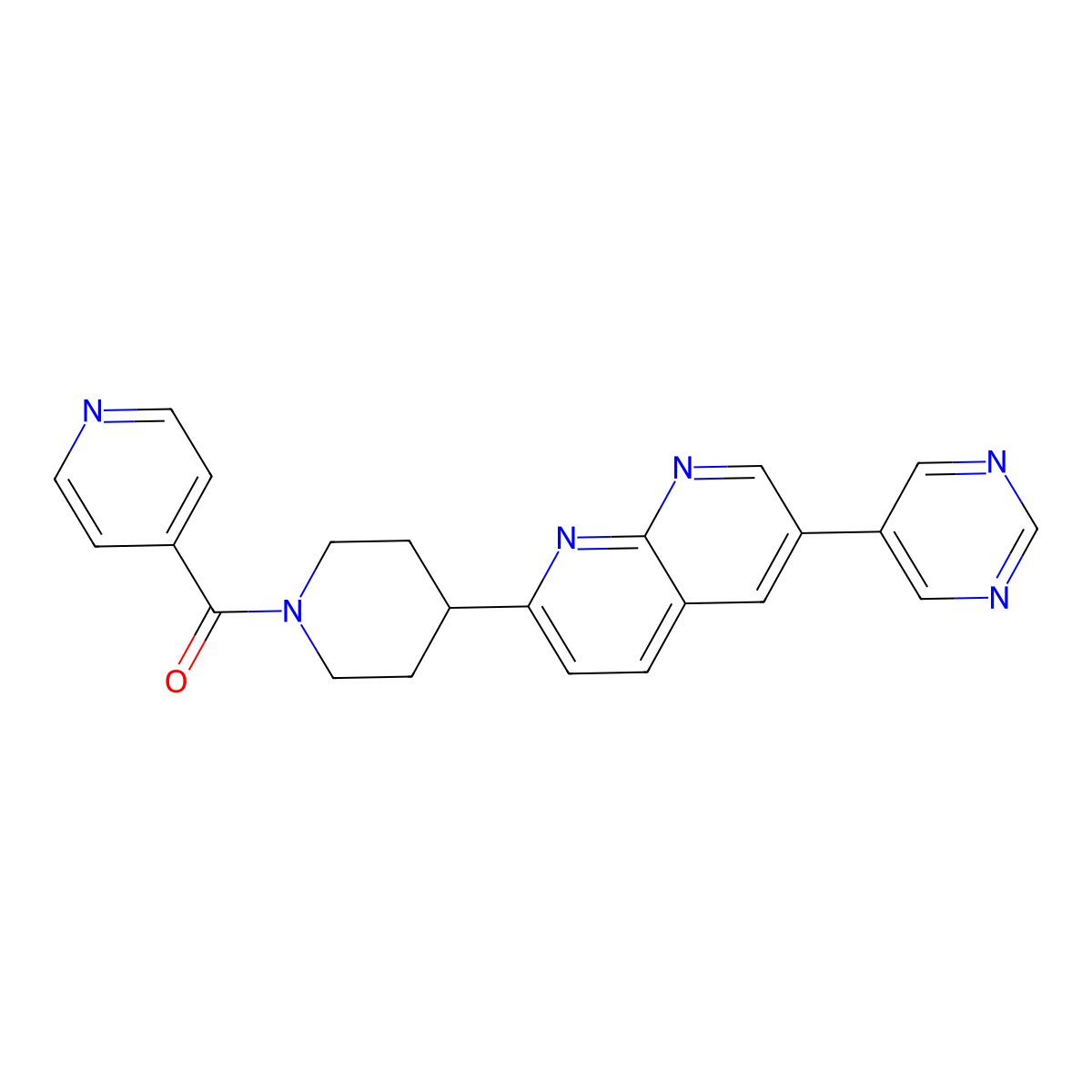 2-[1-(Pyridine-4-carbonyl)piperidin-4-yl]-6-(pyrimidin-5-yl)-1,8-naphthyridine molecular structure, CAS 2741901-00-6