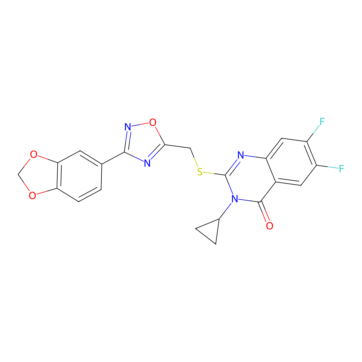 2-({[3-(2H-1,3-benzodioxol-5-yl)-1,2,4-oxadiazol-5-yl]methyl}sulfanyl)-3-cyclopropyl-6,7-difluoro-3,4-dihydroquinazolin-4-one molecular structure, CAS 2741901-02-8