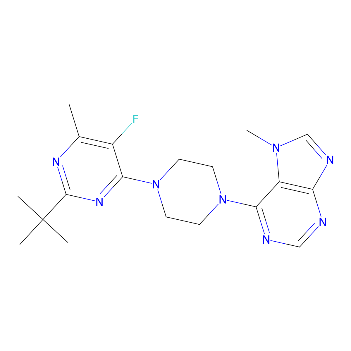 6-[4-(2-tert-butyl-5-fluoro-6-methylpyrimidin-4-yl)piperazin-1-yl]-7-methyl-7H-purine molecular structure, CAS 2741901-11-9