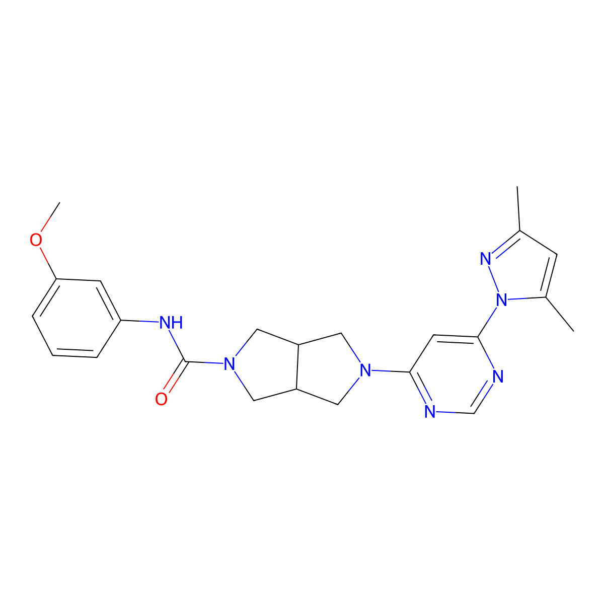 5-[6-(3,5-dimethyl-1H-pyrazol-1-yl)pyrimidin-4-yl]-N-(3-methoxyphenyl)-octahydropyrrolo[3,4-c]pyrrole-2-carboxamide molecular structure, CAS 2741901-12-0