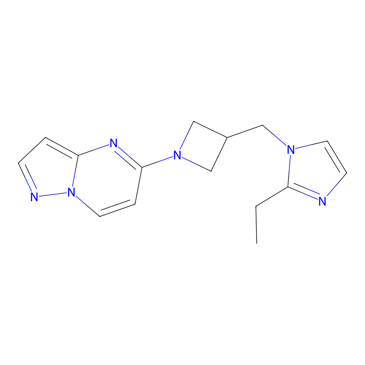 2-ethyl-1-[(1-{pyrazolo[1,5-a]pyrimidin-5-yl}azetidin-3-yl)methyl]-1H-imidazole molecular structure, CAS 2741901-15-3