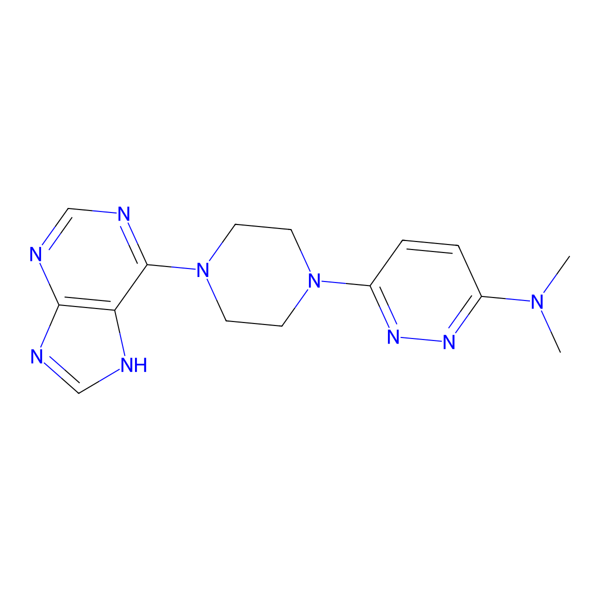 N,N-dimethyl-6-[4-(9H-purin-6-yl)piperazin-1-yl]pyridazin-3-amine molecular structure, CAS 2741901-21-1