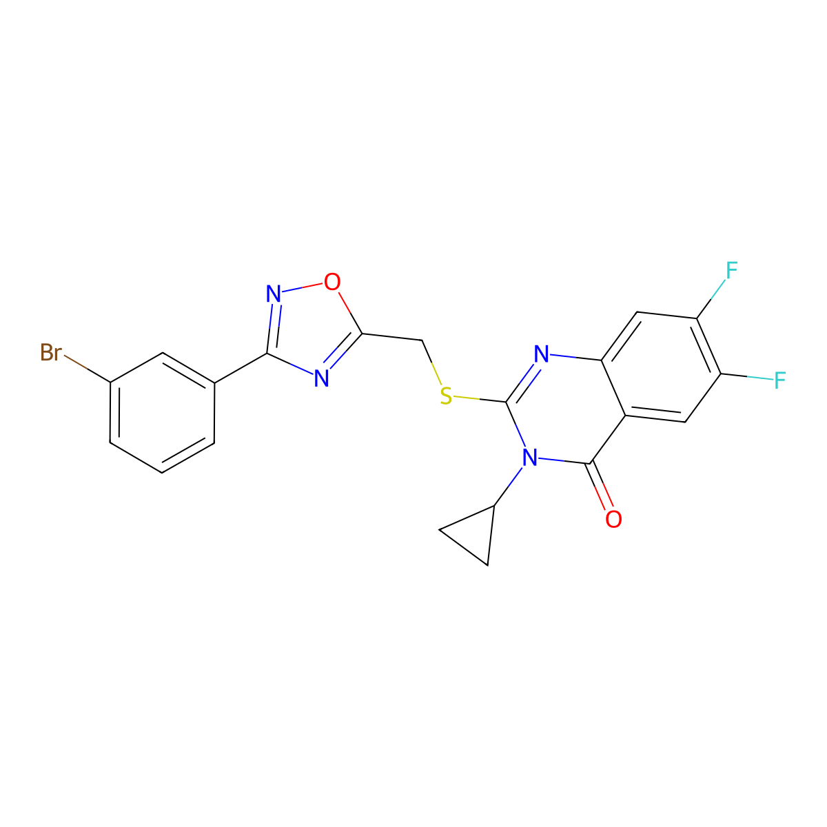 2-({[3-(3-Bromophenyl)-1,2,4-oxadiazol-5-yl]methyl}sulfanyl)-3-cyclopropyl-6,7-difluoro-3,4-dihydroquinazolin-4-one molecular structure, CAS 2741901-41-5