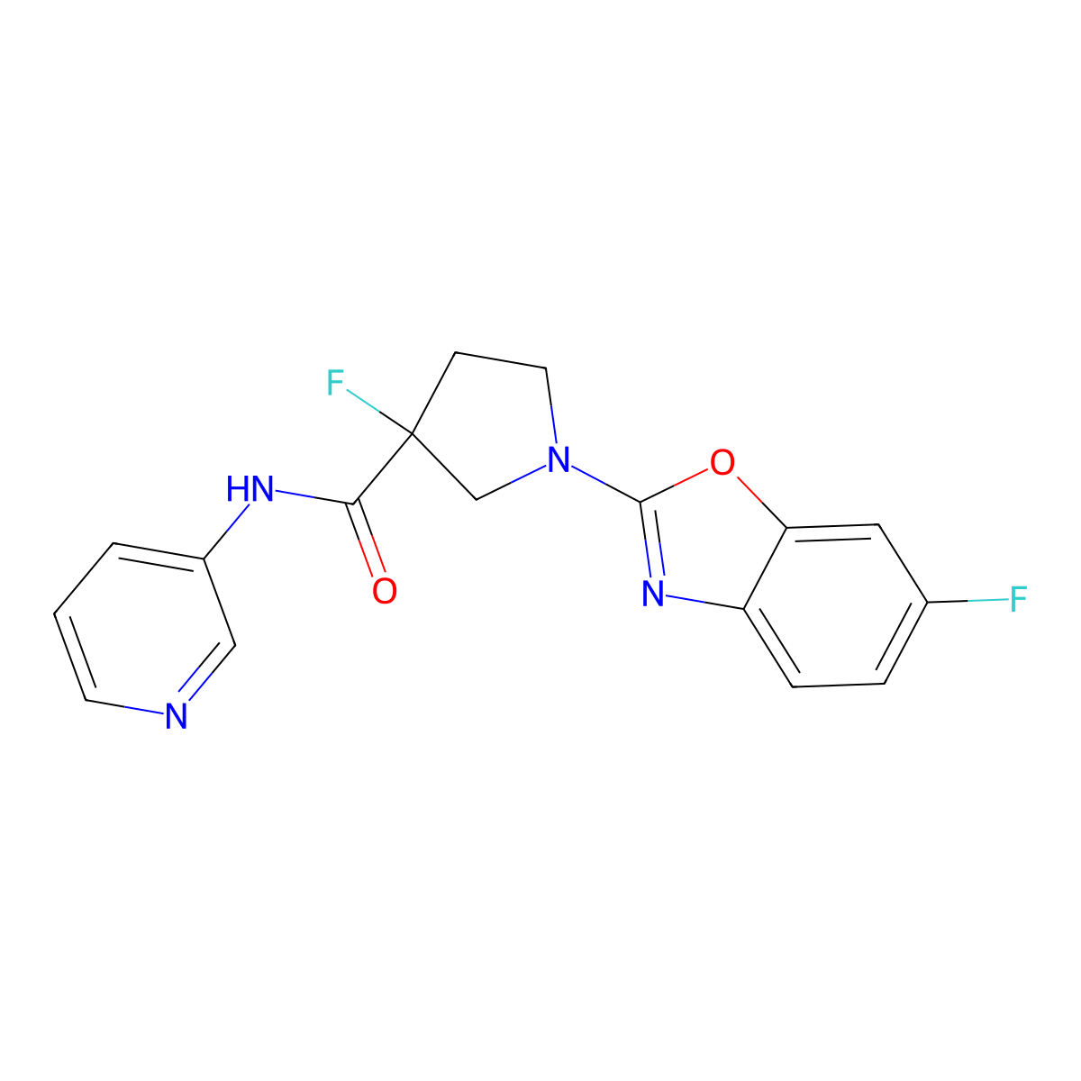 3-fluoro-1-(6-fluoro-1,3-benzoxazol-2-yl)-N-(pyridin-3-yl)pyrrolidine-3-carboxamide molecular structure, CAS 2741901-47-1