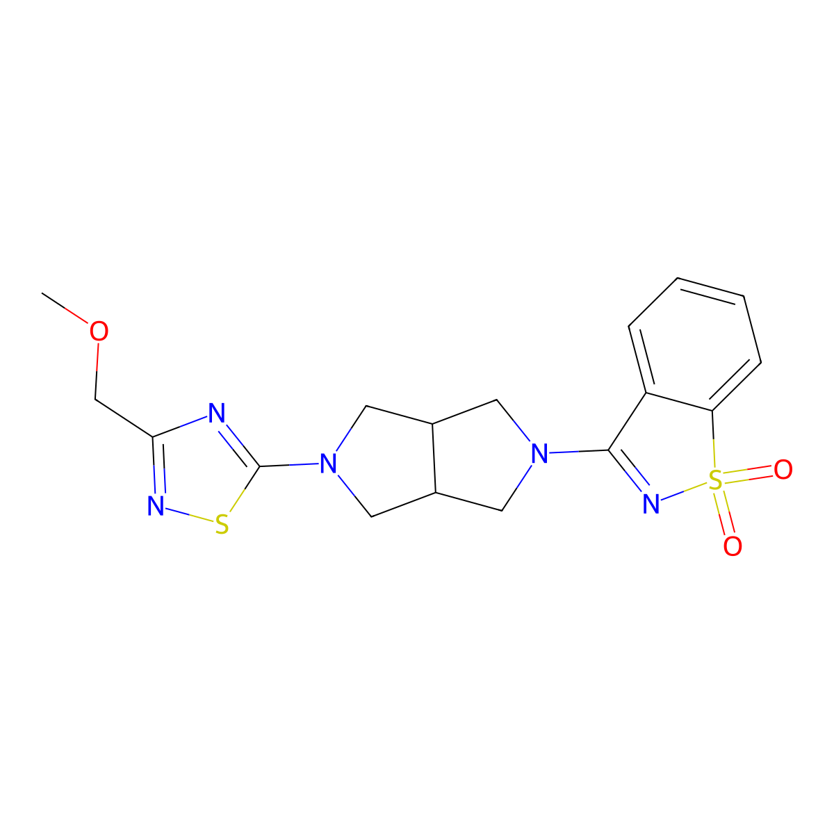 3-[5-[3-(Methoxymethyl)-1,2,4-thiadiazol-5-yl]-1,3,3a,4,6,6a-hexahydropyrrolo[3,4-c]pyrrol-2-yl]-1,2-benzothiazole 1,1-dioxide molecular structure, CAS 2741901-53-9