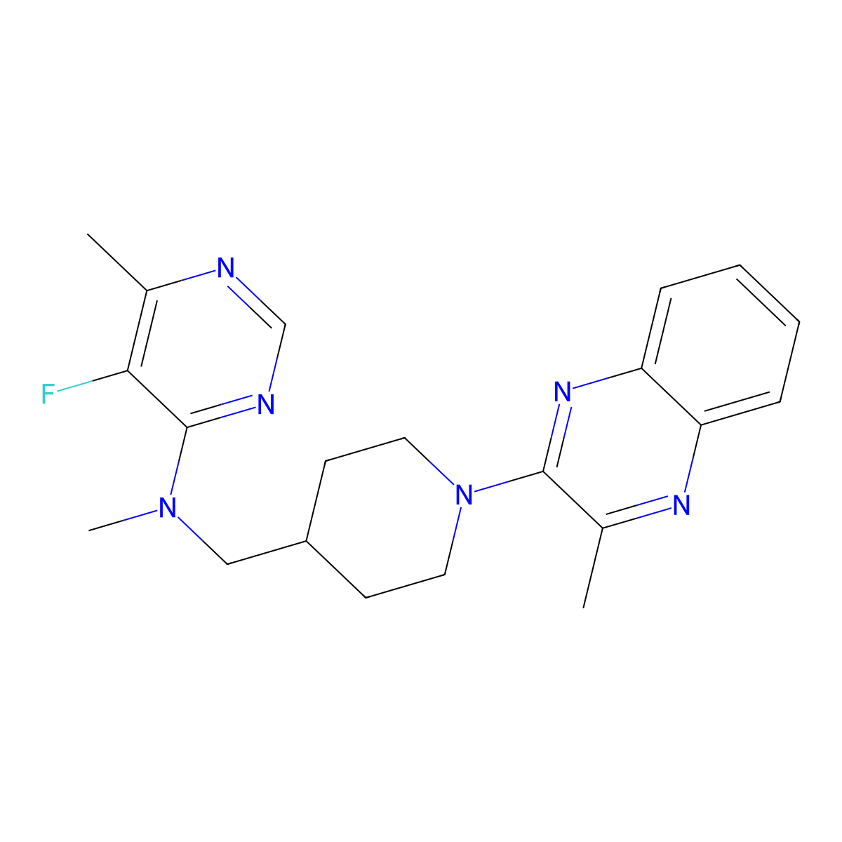 5-fluoro-N,6-dimethyl-N-{[1-(3-methylquinoxalin-2-yl)piperidin-4-yl]methyl}pyrimidin-4-amine molecular structure, CAS 2741901-56-2