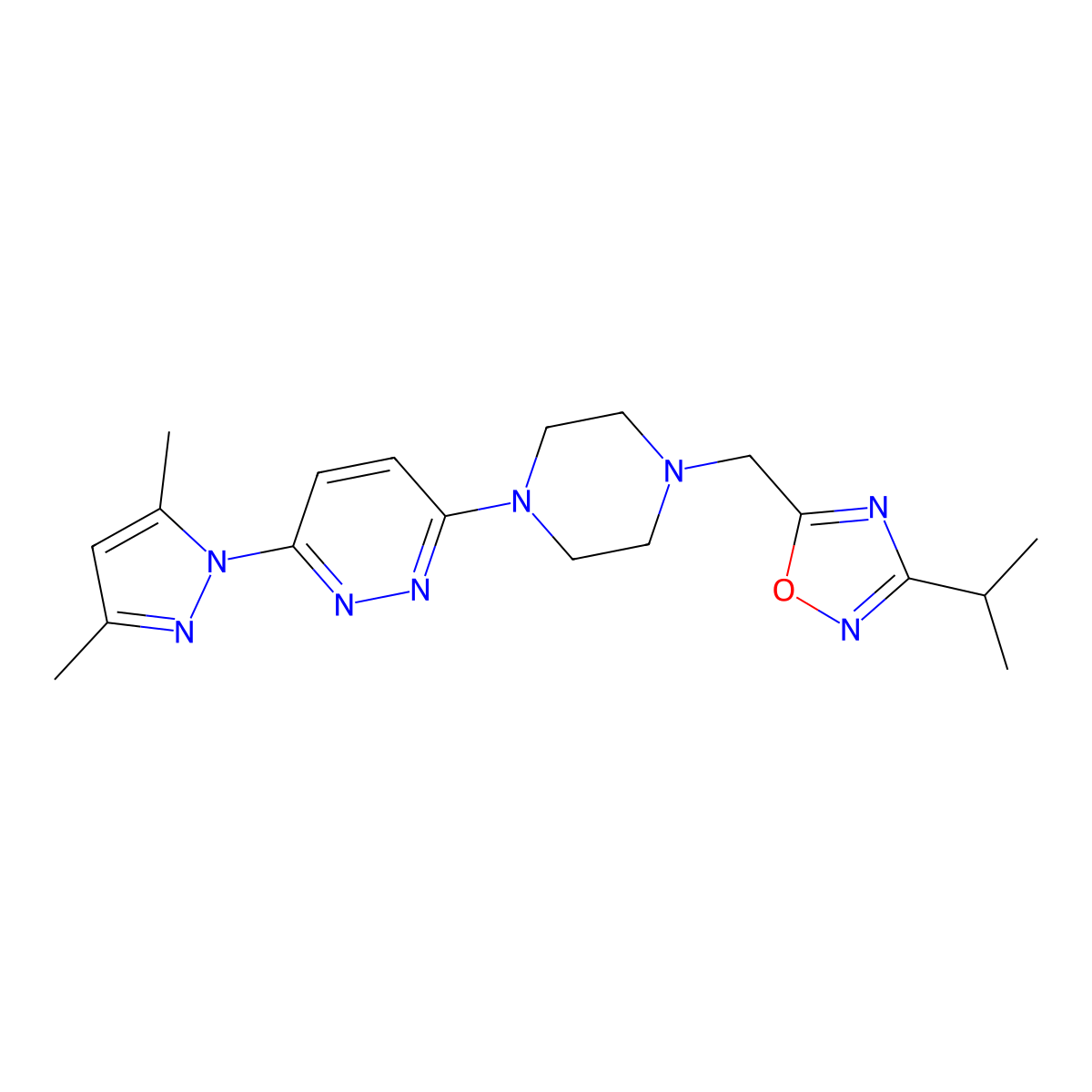 3-(3,5-dimethyl-1H-pyrazol-1-yl)-6-(4-{[3-(propan-2-yl)-1,2,4-oxadiazol-5-yl]methyl}piperazin-1-yl)pyridazine molecular structure, CAS 2741901-57-3