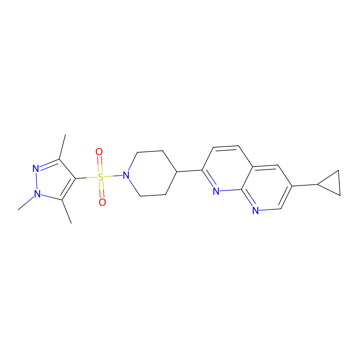 6-cyclopropyl-2-{1-[(1,3,5-trimethyl-1H-pyrazol-4-yl)sulfonyl]piperidin-4-yl}-1,8-naphthyridine molecular structure, CAS 2741901-58-4