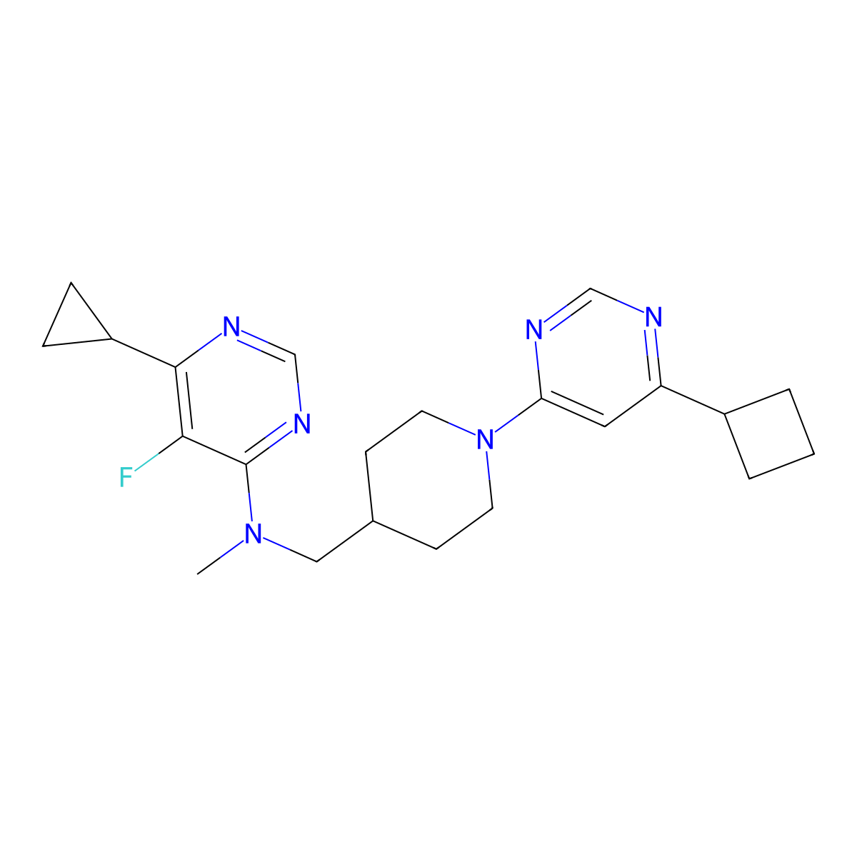 N-{[1-(6-cyclobutylpyrimidin-4-yl)piperidin-4-yl]methyl}-6-cyclopropyl-5-fluoro-N-methylpyrimidin-4-amine molecular structure, CAS 2741901-62-0