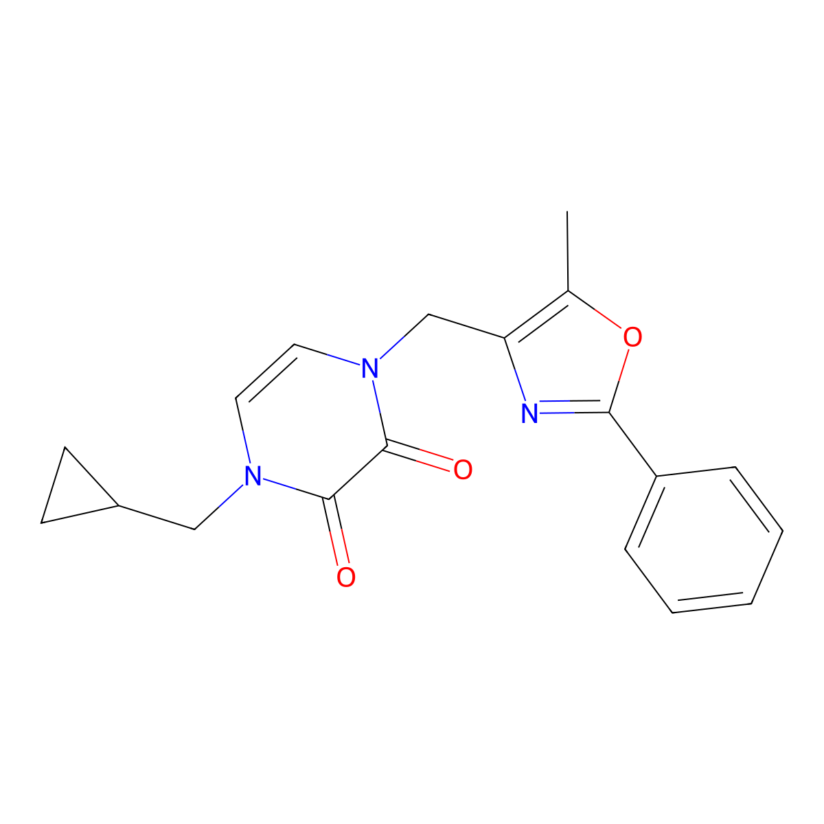 1-(Cyclopropylmethyl)-4-[(5-methyl-2-phenyl-1,3-oxazol-4-yl)methyl]-1,2,3,4-tetrahydropyrazine-2,3-dione molecular structure, CAS 2741901-71-1