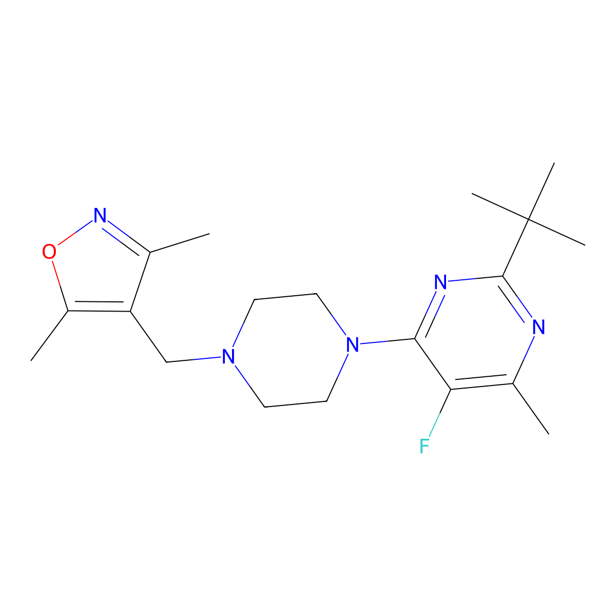 2-Tert-butyl-4-{4-[(3,5-dimethyl-1,2-oxazol-4-yl)methyl]piperazin-1-yl}-5-fluoro-6-methylpyrimidine molecular structure, CAS 2741901-74-4