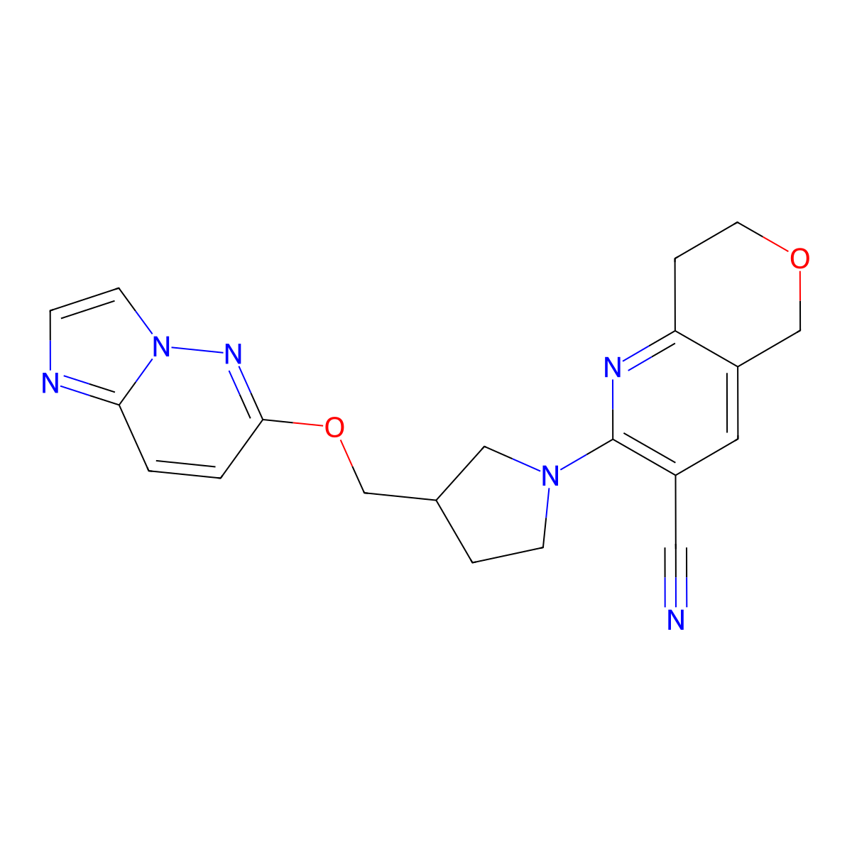 2-[3-({imidazo[1,2-b]pyridazin-6-yloxy}methyl)pyrrolidin-1-yl]-5H,7H,8H-pyrano[4,3-b]pyridine-3-carbonitrile molecular structure, CAS 2741907-01-5