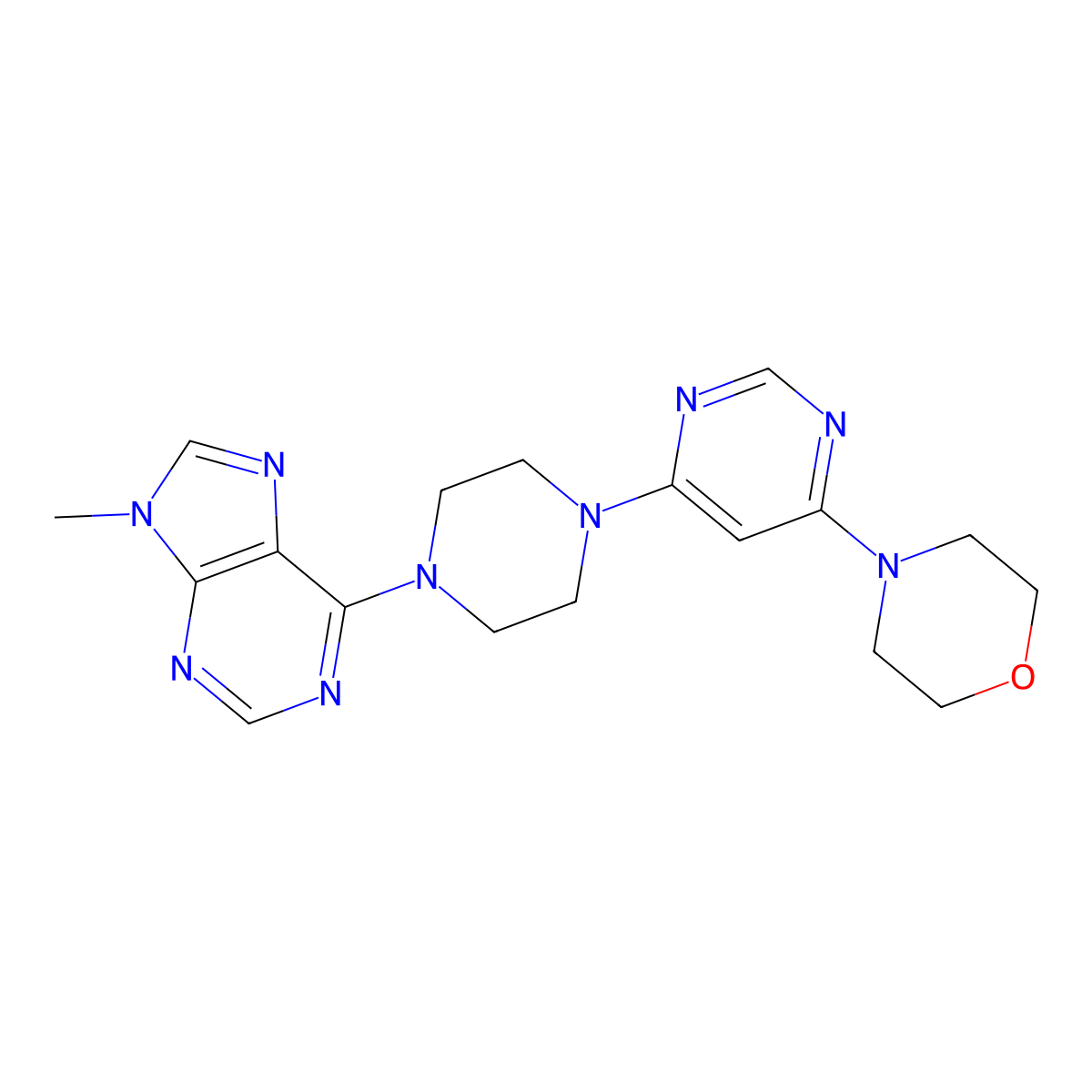 9-methyl-6-{4-[6-(morpholin-4-yl)pyrimidin-4-yl]piperazin-1-yl}-9H-purine molecular structure, CAS 2741907-09-3