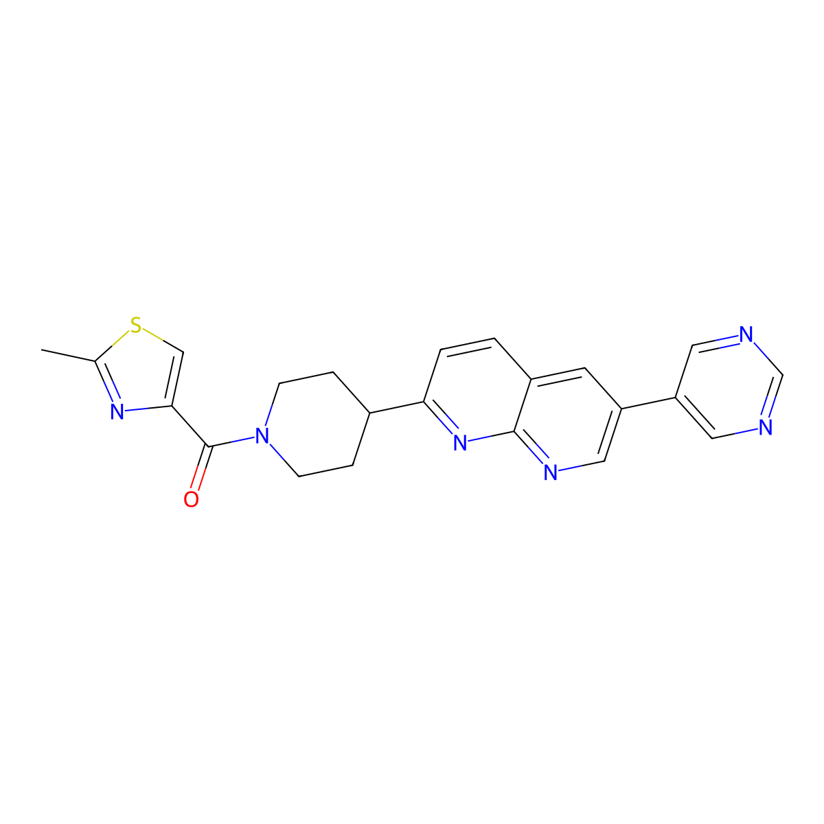 2-[1-(2-Methyl-1,3-thiazole-4-carbonyl)piperidin-4-yl]-6-(pyrimidin-5-yl)-1,8-naphthyridine molecular structure, CAS 2741907-10-6