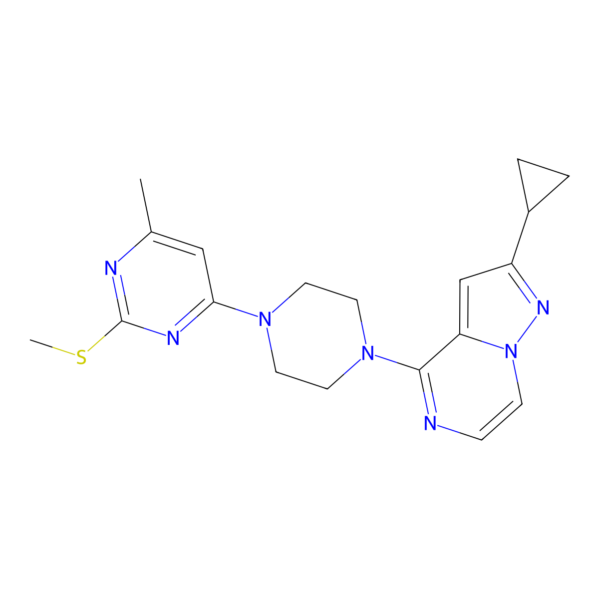 4-(4-{2-Cyclopropylpyrazolo[1,5-a]pyrazin-4-yl}piperazin-1-yl)-6-methyl-2-(methylsulfanyl)pyrimidine molecular structure, CAS 2741907-11-7