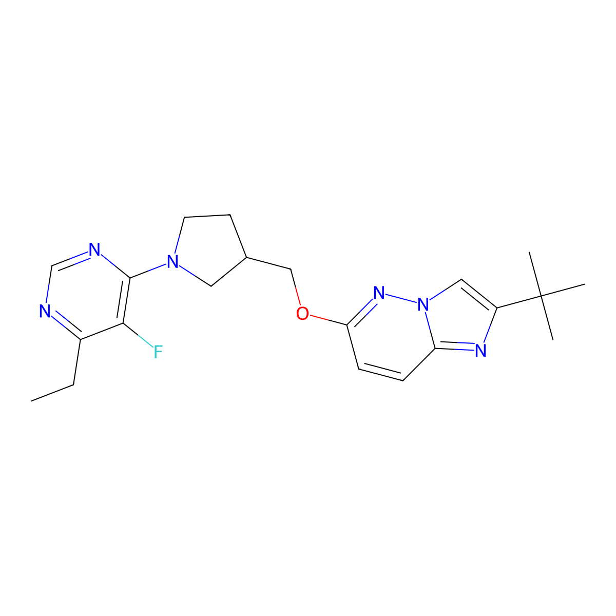4-{3-[({2-Tert-butylimidazo[1,2-b]pyridazin-6-yl}oxy)methyl]pyrrolidin-1-yl}-6-ethyl-5-fluoropyrimidine molecular structure, CAS 2741907-25-3