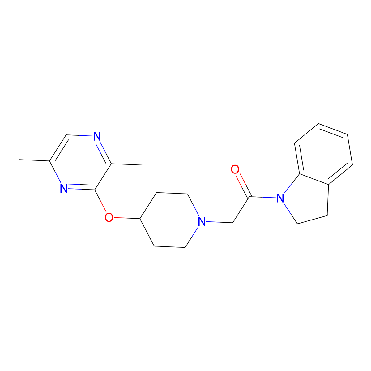 1-(2,3-dihydro-1H-indol-1-yl)-2-{4-[(3,6-dimethylpyrazin-2-yl)oxy]piperidin-1-yl}ethan-1-one molecular structure, CAS 2741907-29-7