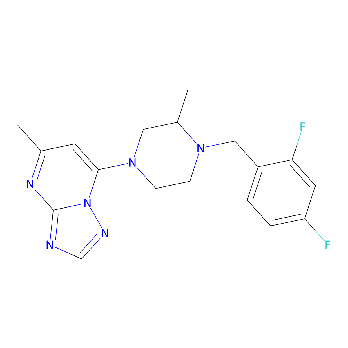 1-[(2,4-Difluorophenyl)methyl]-2-methyl-4-{5-methyl-[1,2,4]triazolo[1,5-a]pyrimidin-7-yl}piperazine molecular structure, CAS 2741907-33-3