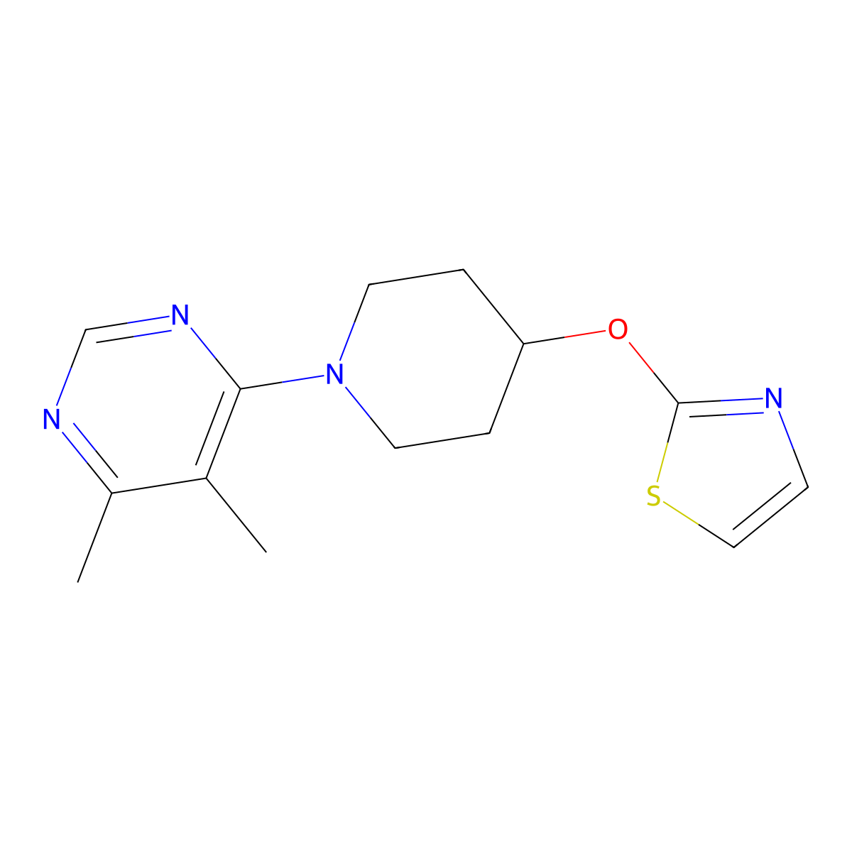 4,5-Dimethyl-6-[4-(1,3-thiazol-2-yloxy)piperidin-1-yl]pyrimidine molecular structure, CAS 2741907-36-6